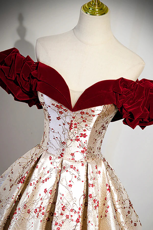 Wholesale Off the Shoulder Floral Satin Long Prom Dress Cute A-Line Evening Dress with Velvet